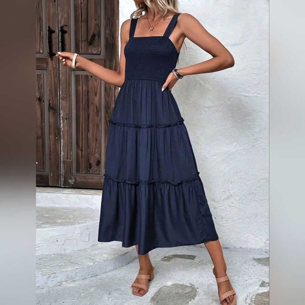 NEW Boho Flowy Smocked Tiered Ruffle Cami Dress Navy Blue - Picture 6 of 8